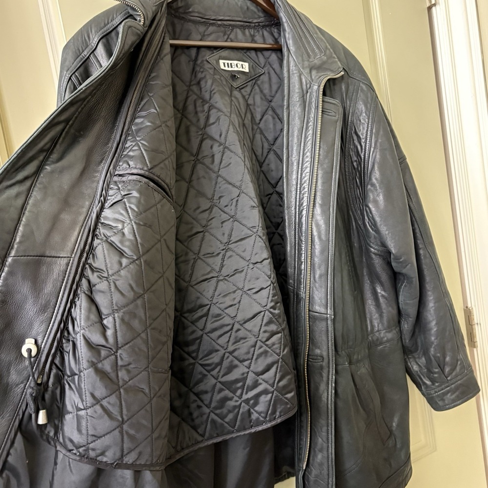 Vintage Tibor Heavy Black Leather Zip In/Out Lined Car Coat Motorcycle Jacket L - Picture 5 of 16